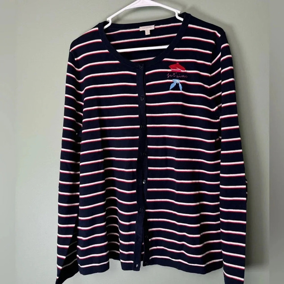 Talbots Women’s Striped Indigo Je‎ t'aime Cardigan Navy Red White Stripe Large - Picture 1 of 7